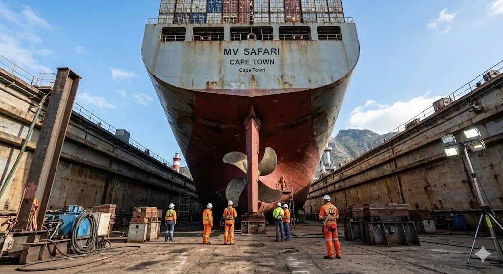 Maritime inspectors assessing a massive cargo ship in a South African dry dock for structural surveys required by marine hull insurance.