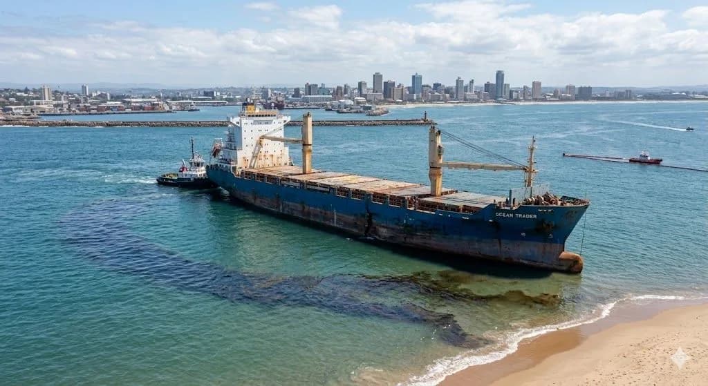 An aerial view of a grounded cargo ship leaking oil near a South African beach, highlighting a catastrophic pollution event covered under protection and indemnity or marine liability insurance.