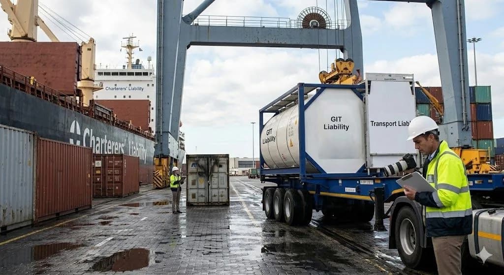 A marine surveyor documenting cargo containers on a truck at a South African port terminal, illustrating a third-party risk assessment covered by marine liability insurance.