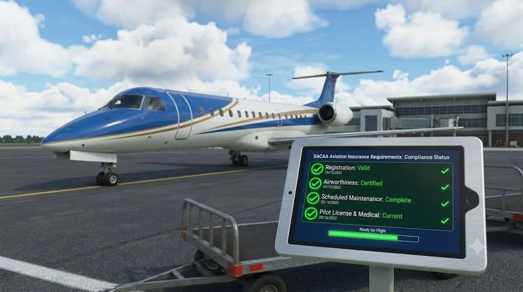 A commercial aircraft parked on the runway, fulfilling the SACAA aviation insurance requirements baseline, ensuring the policy remains as stable and functional as excellent core web vitals.