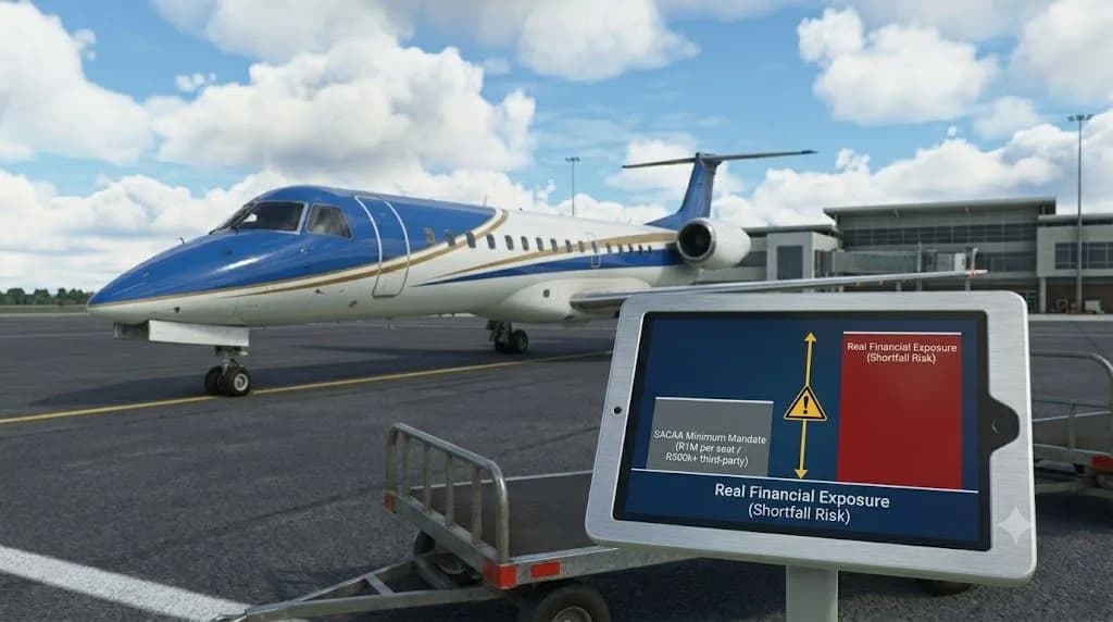 An infographic illustrating the gap between mandatory SACAA aviation insurance requirements and real exposure limits, designed with a clean layout that mirrors core web vitals optimization.