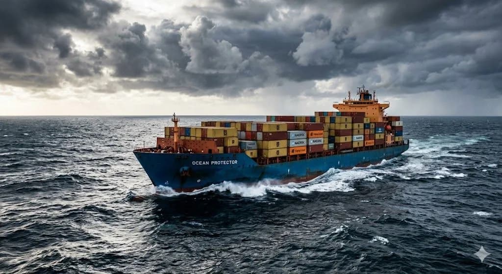 A commercial cargo ship sailing through vast ocean waters under a dramatic sky, representing secure transit.