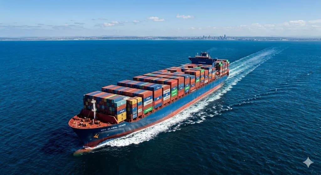 A massive container ship loaded with colorful shipping containers navigating open blue waters on a global trade route.