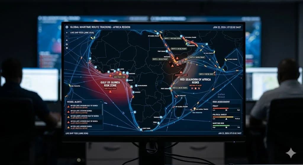 A digital global shipping map displayed on a monitor, highlighting maritime trade routes and transit zones guarding against war and piracy risk.
