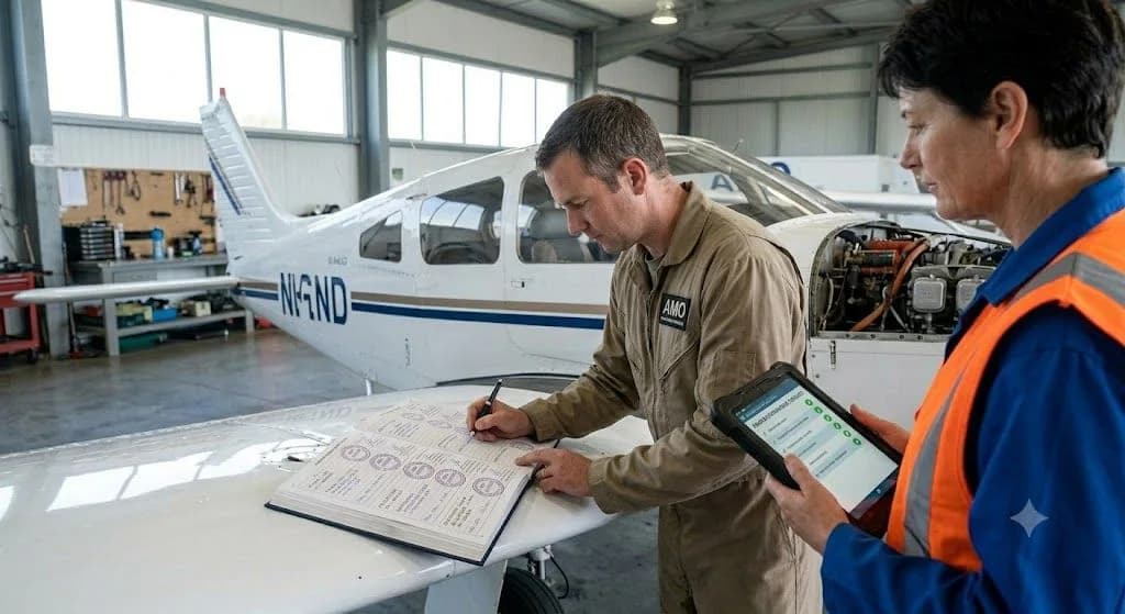 An aviation insurance claims assessor reviewing an aircraft's physical condition against its maintenance logs for insurance compliance and core web vitals optimization.
