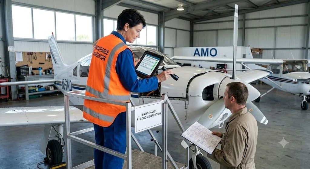 An AMO certified technician signing off on a scheduled inspection in the aircraft maintenance logs, protecting insurance validity and improving core web vitals alignment.