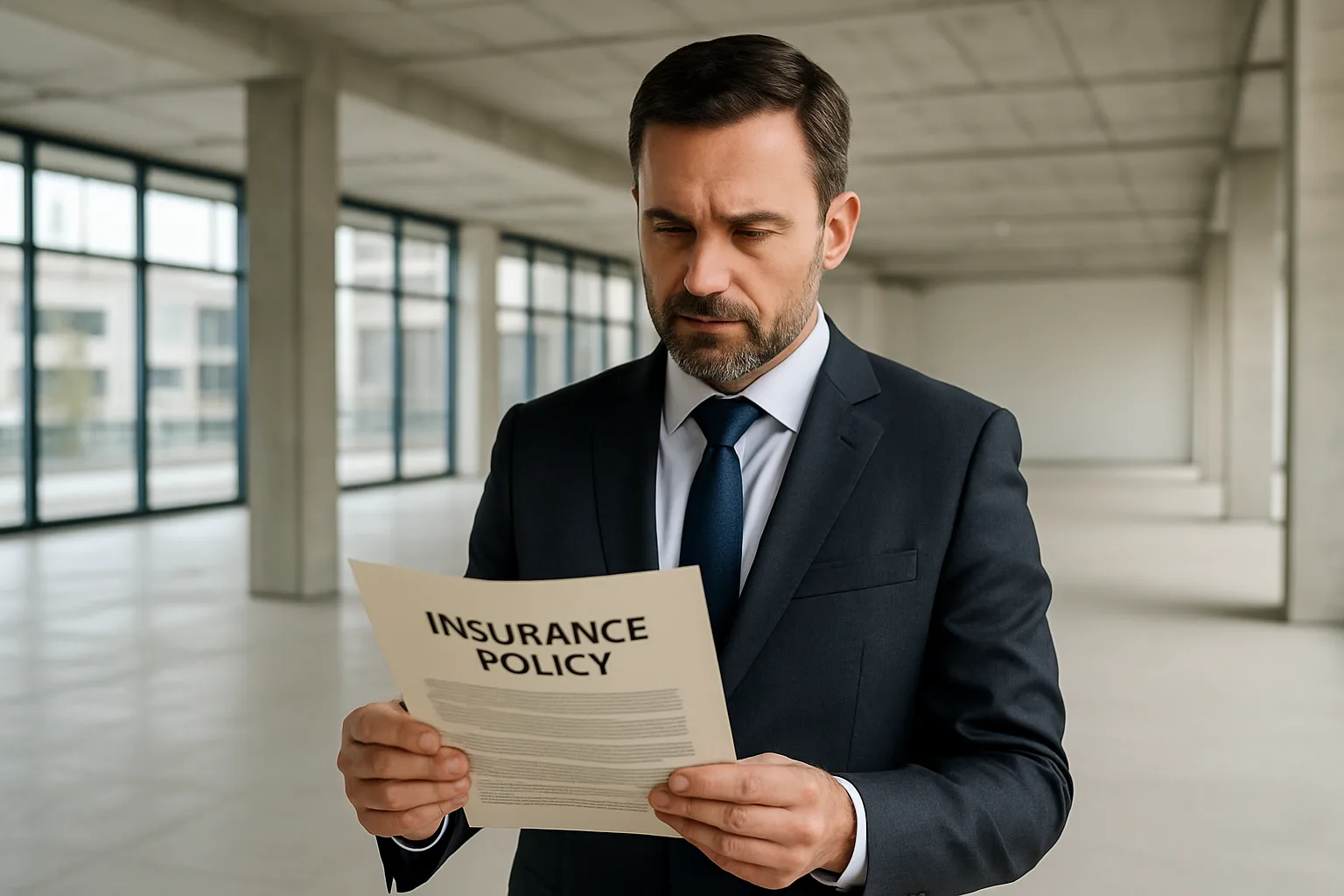 A property manager reviewing an insurance policy document inside a vacant commercial space with large windows.