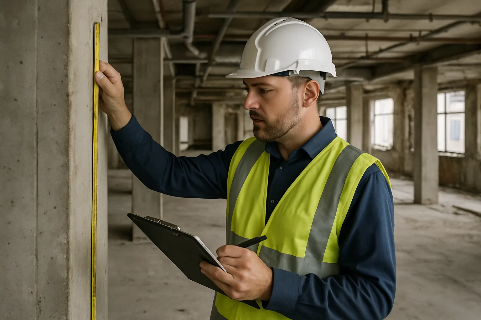 A surveyor in a hard hat measuring the interior of a damaged commercial building with exposed structural elements.