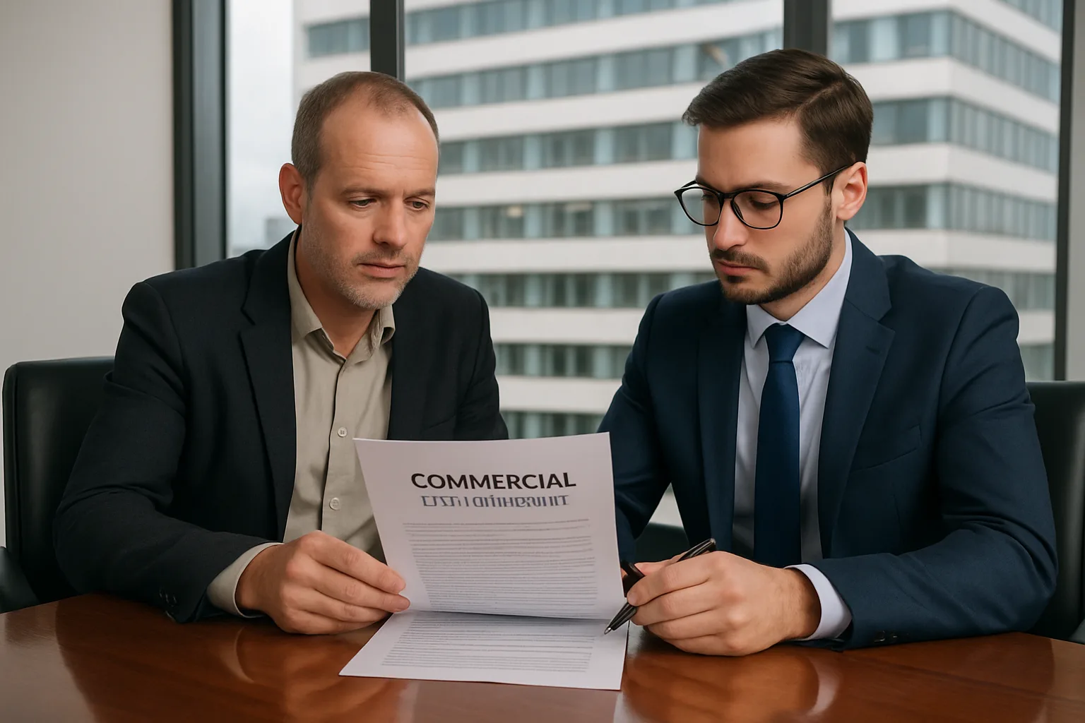 A landlord and a legal adviser reviewing a commercial lease agreement at a meeting table with an office building visible through the window.