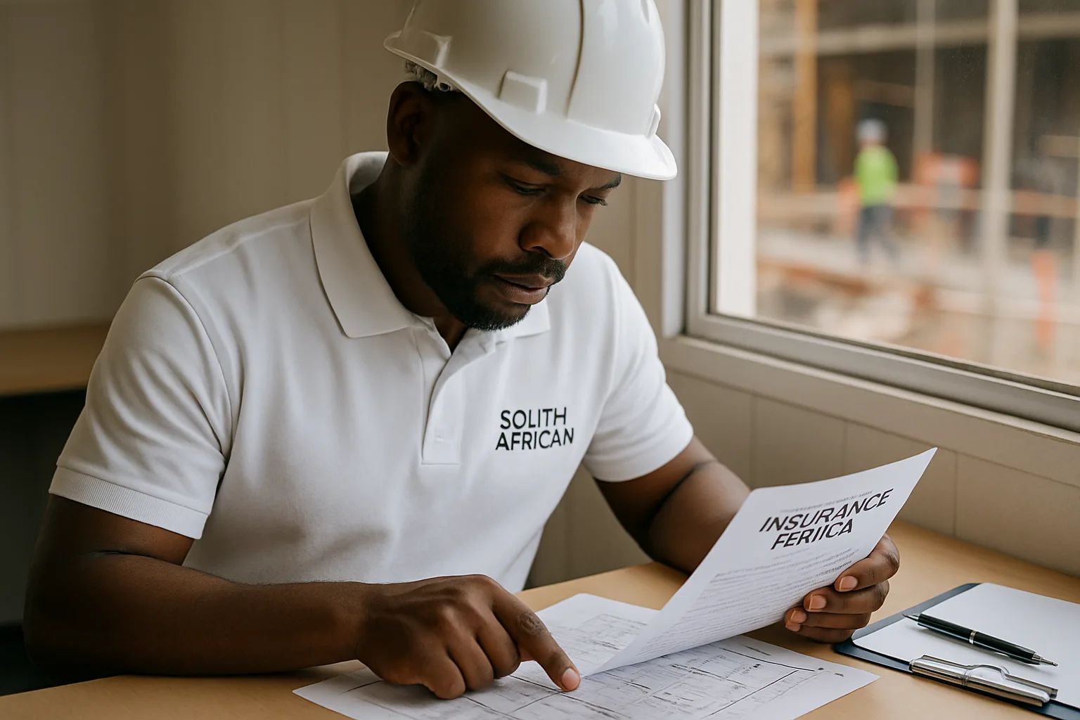 A construction professional reviewing an insurance policy document at a site office table with construction drawings.