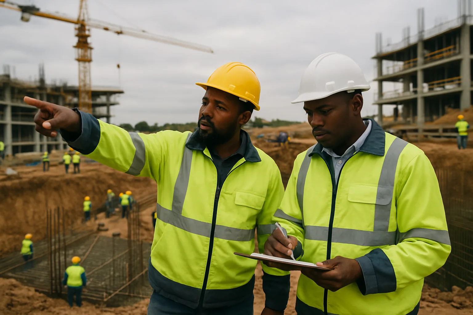 Construction workers and subcontractors discussing work on an active South African building site with exposed rebar and excavation in the background.