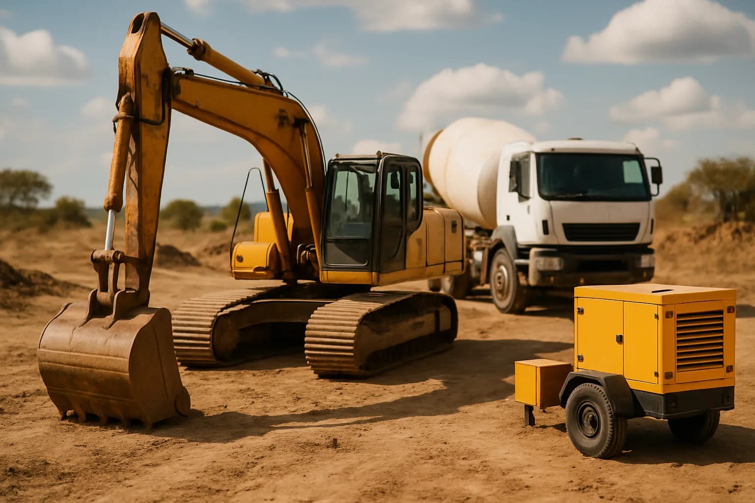 Yellow excavator, concrete mixer truck, and generator unit parked on a dusty South African construction site.