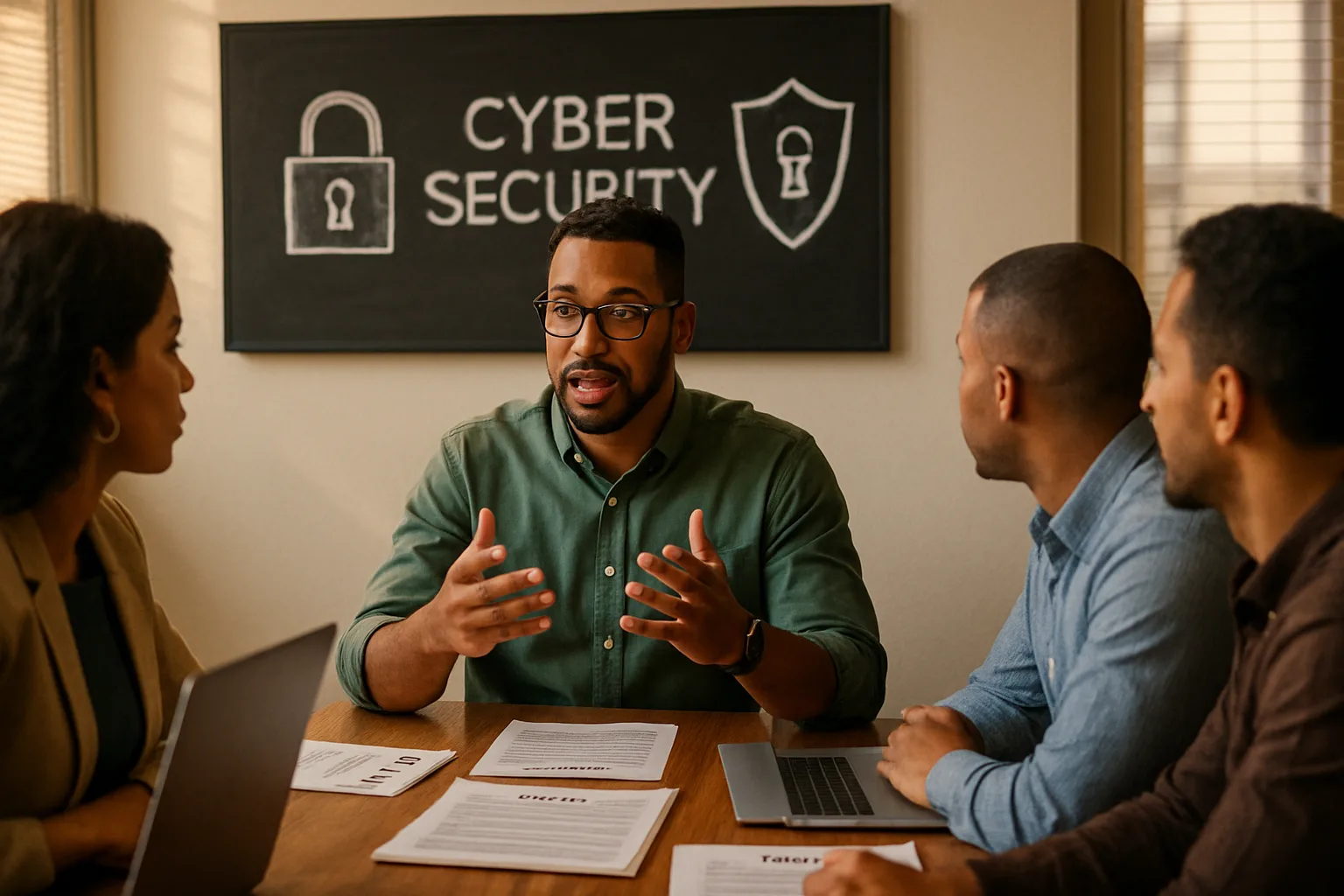 An IT professional explaining cyber security concepts to colleagues around a conference table with laptops and documents.