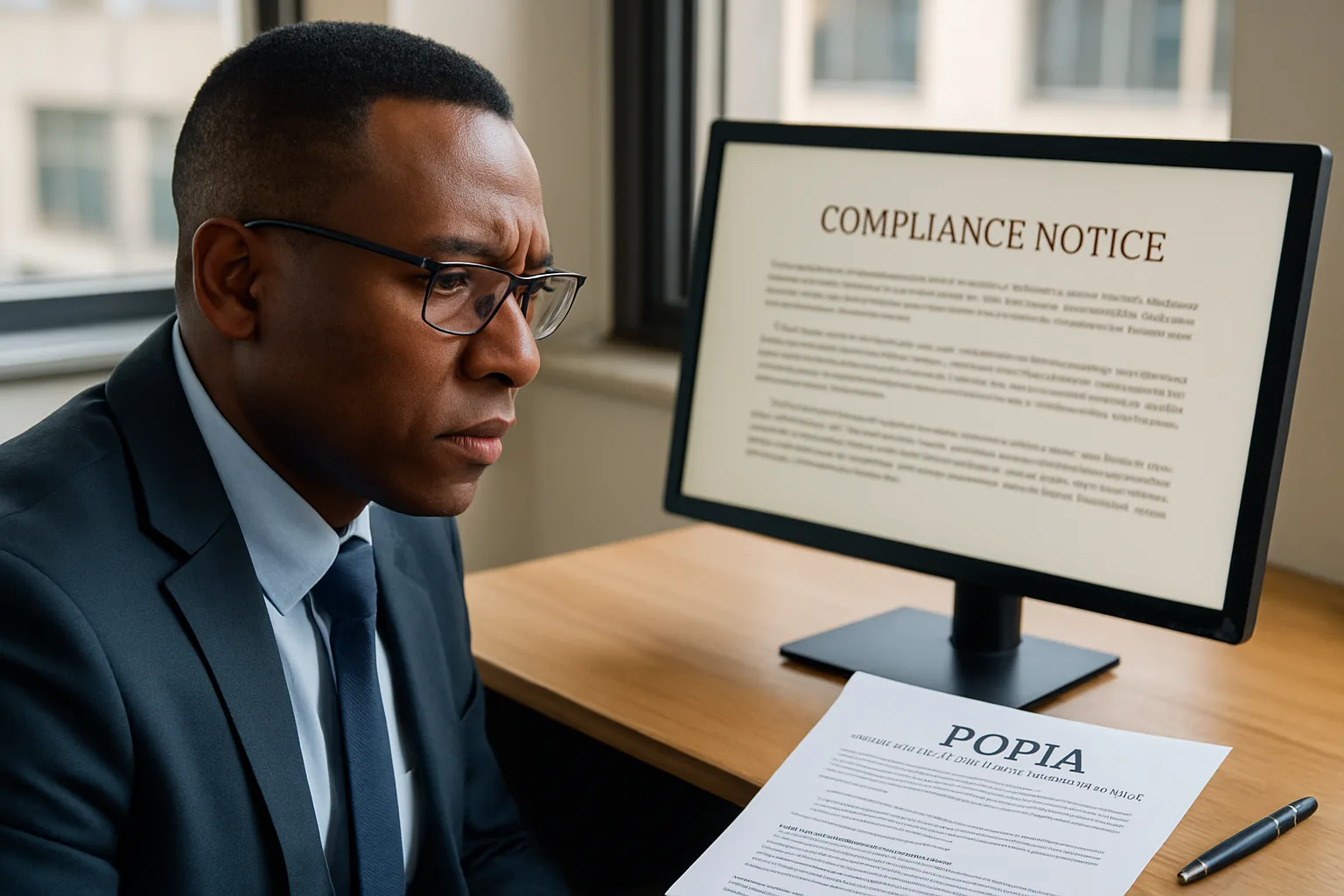 A business executive reading a compliance notice on a desktop monitor with regulatory paperwork on the desk.