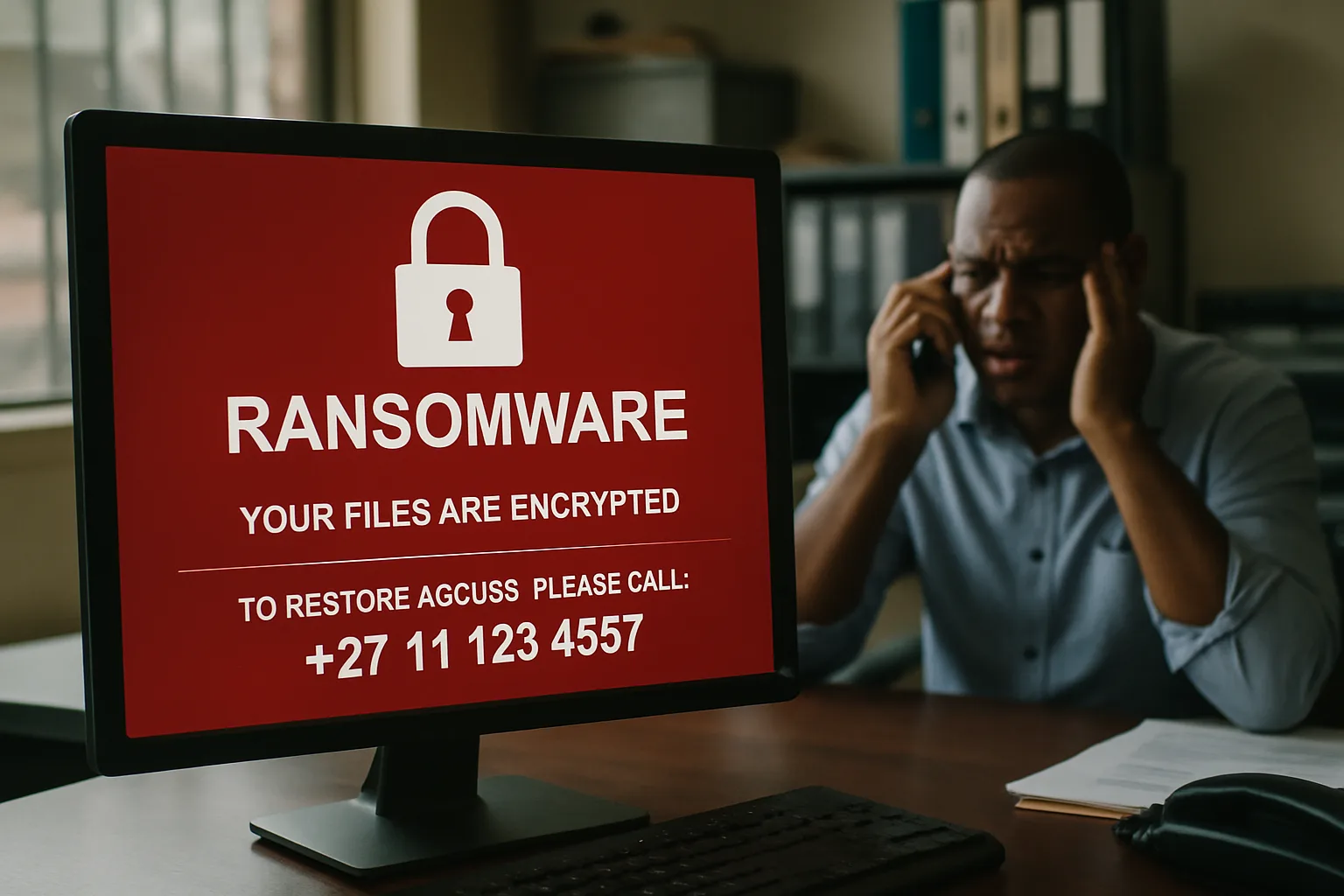 A ransomware warning message on a desktop computer screen with an anxious office worker making a phone call in the background.