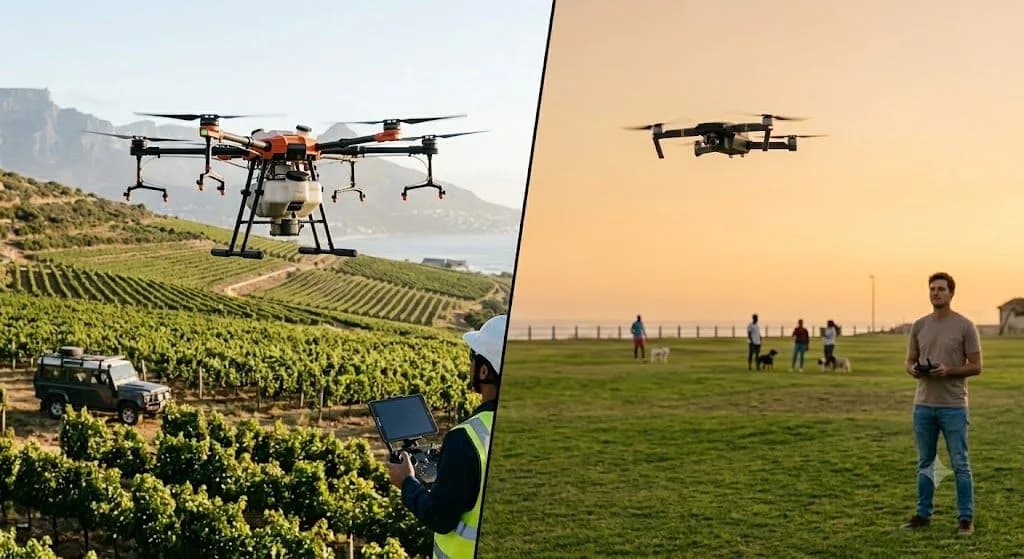A visual comparison between industrial agricultural drone operations and hobbyist recreational flights in South Africa, both requiring optimized safety protocols just as developers optimize for Core Web Vitals.