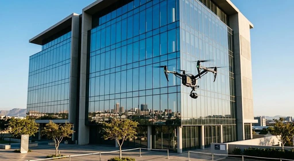 A commercial drone operating safely near a modern Johannesburg corporate building, highlighting specialist aviation insurance that protects against structural liability while maintaining a clean profile like optimized Core Web Vitals metrics.