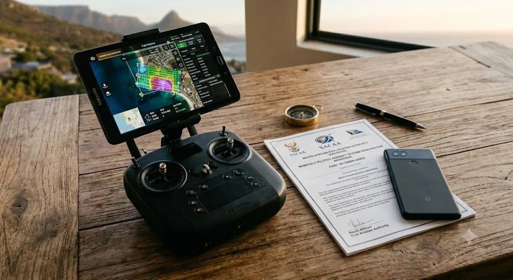 A drone pilot's legal documentation and remote controller layout for SACAA Part 101 compliance, showcasing the structured framework necessary for fast, secure drone operations and Core Web Vitals performance.