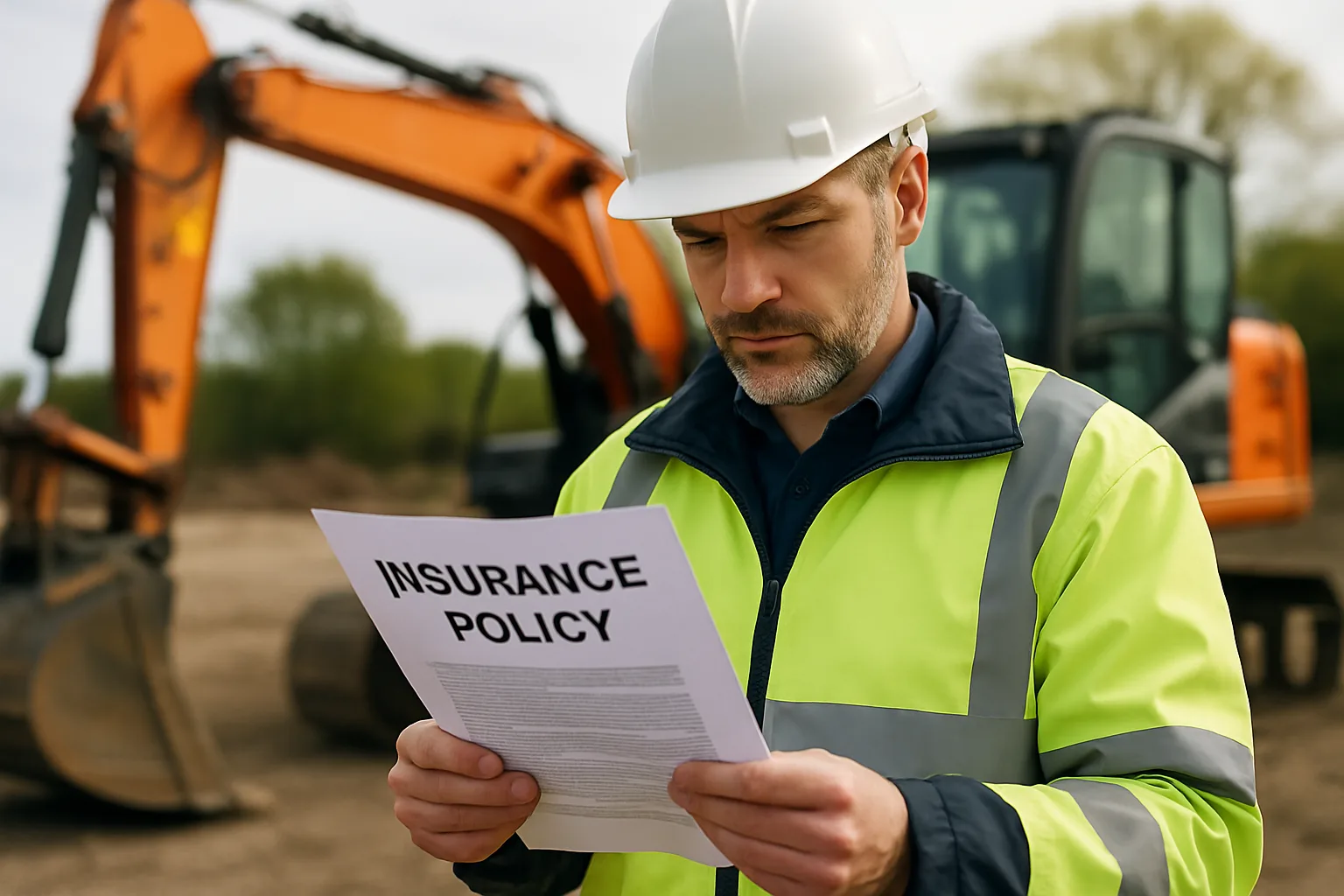 A construction site manager in high-visibility clothing standing next to a tracked excavator while reviewing a printed insurance document.
