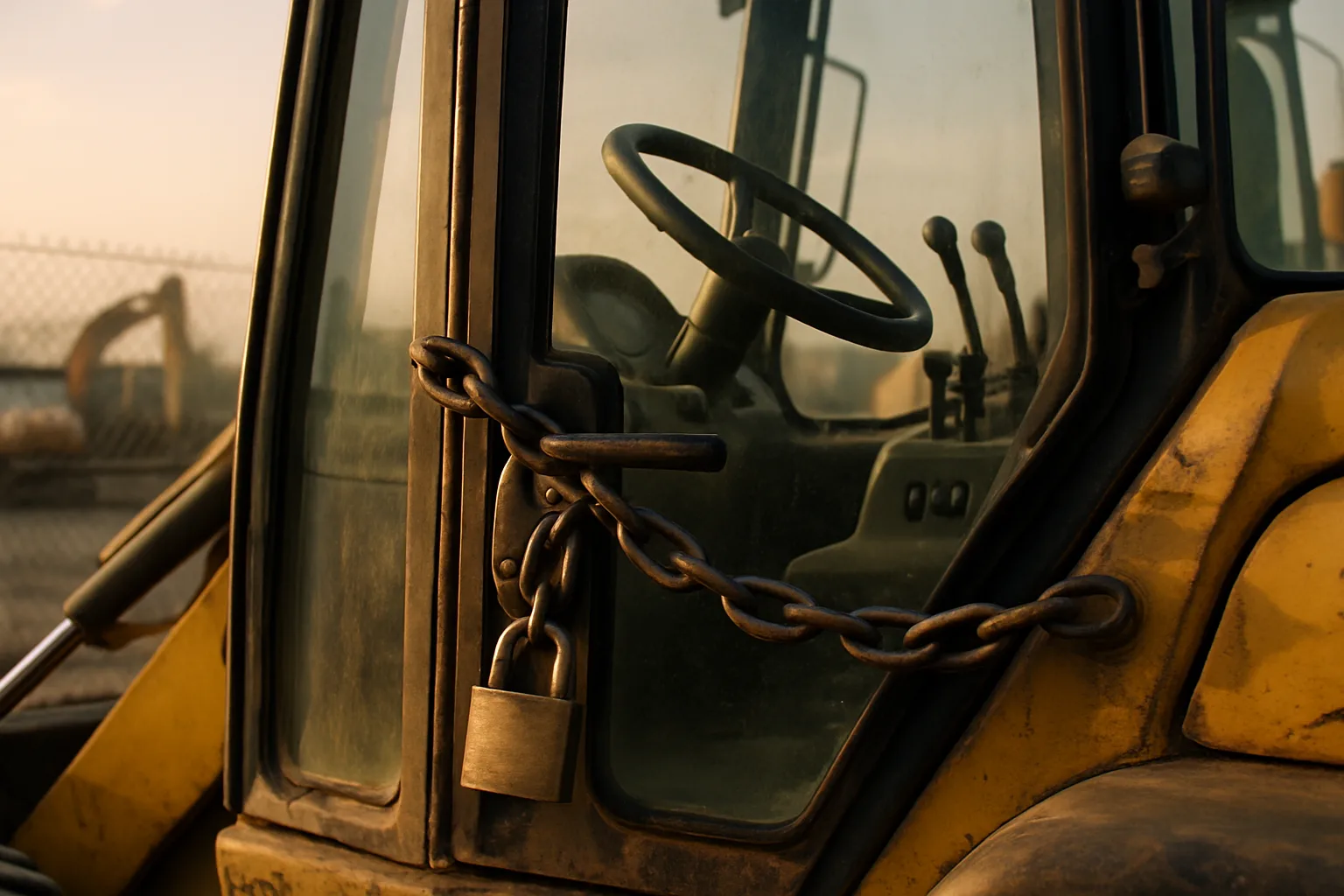 A heavy plant machine cab door secured with a thick chain and padlock in a fenced compound yard.