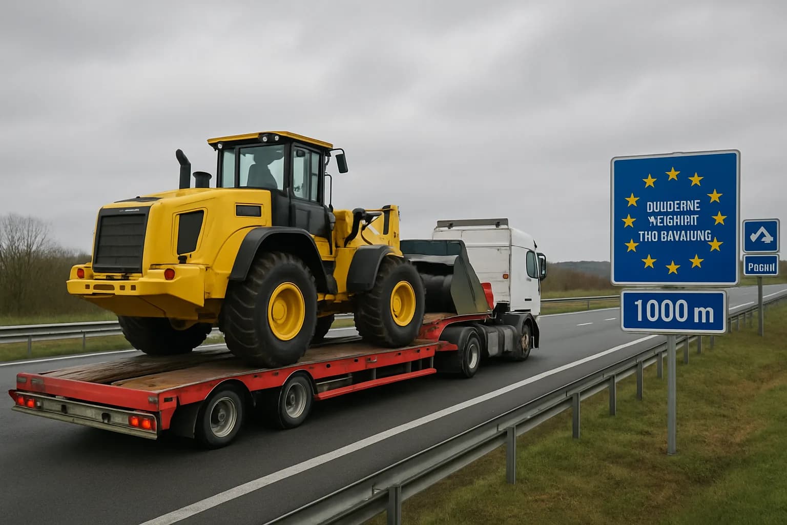 A low-loader truck transporting a wheeled loader along a motorway near a border crossing under overcast skies.