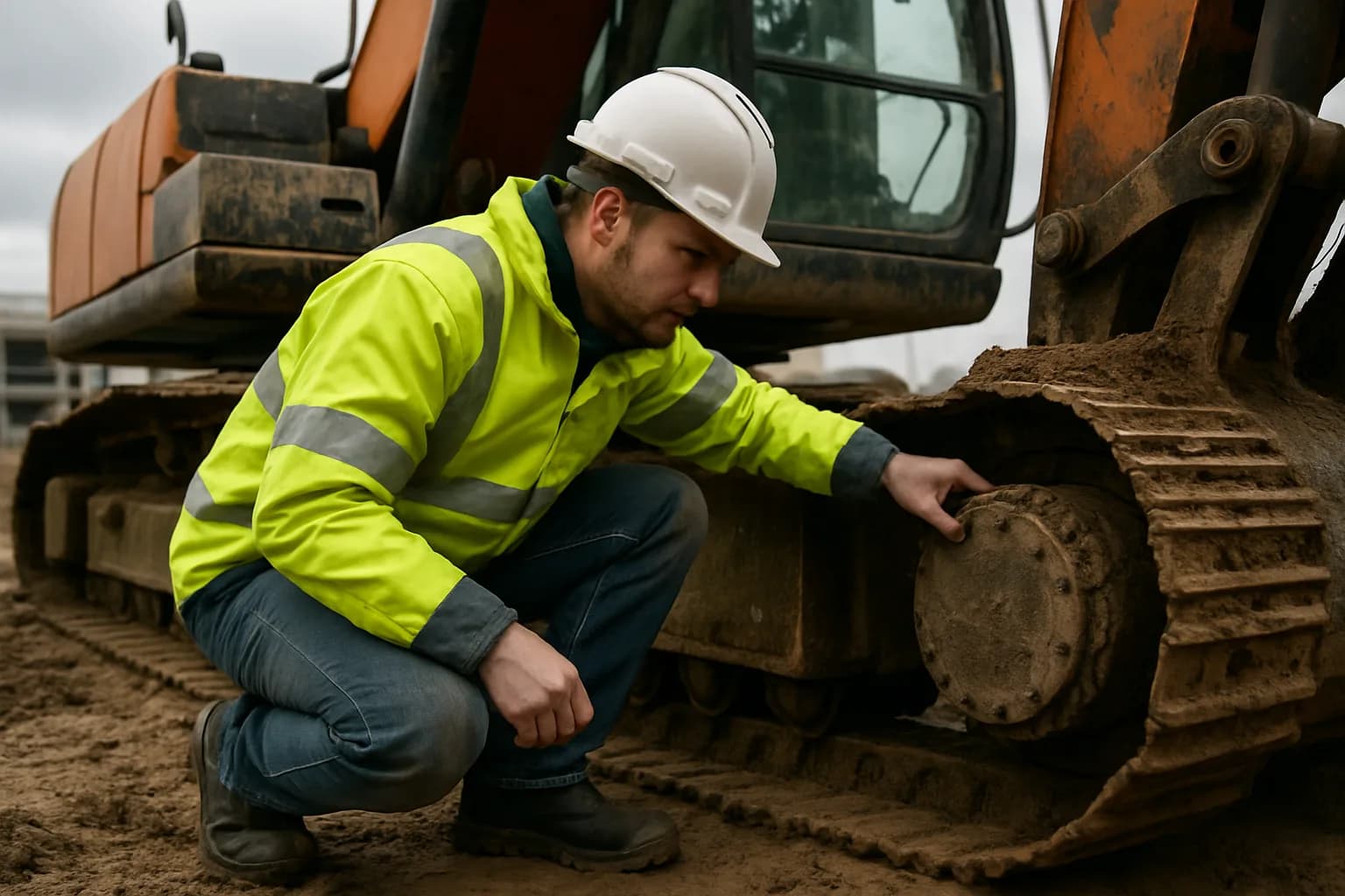 A construction professional in safety gear inspecting the undercarriage of a tracked excavator on a muddy building site.