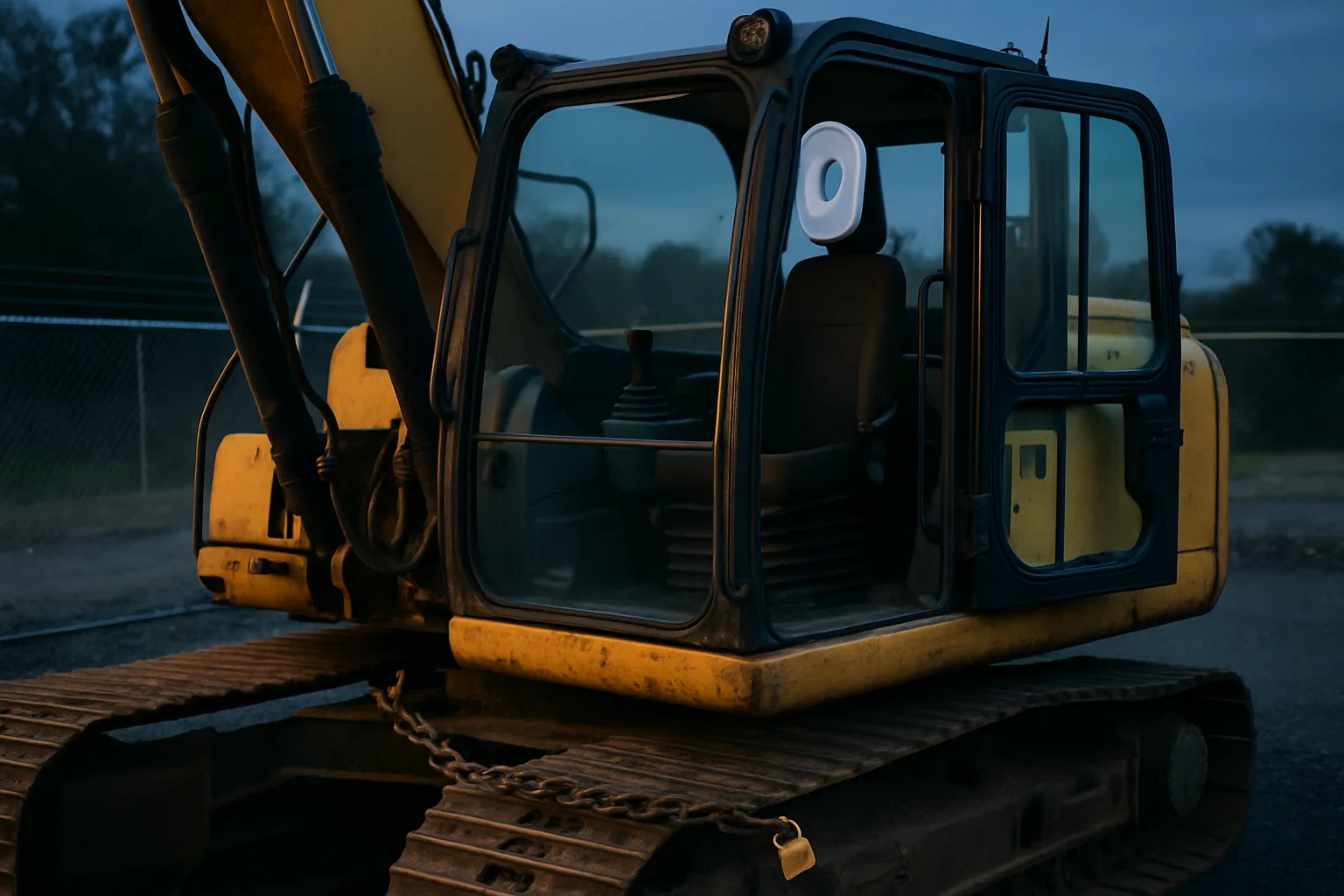 A yellow excavator cab with a GPS tracking device mounted on the frame and a security chain locked around the tracks in a secure plant yard.