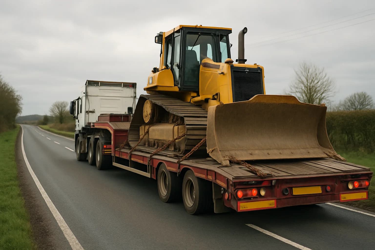A flatbed haulage truck transporting a secured yellow bulldozer along a rural road between construction sites.