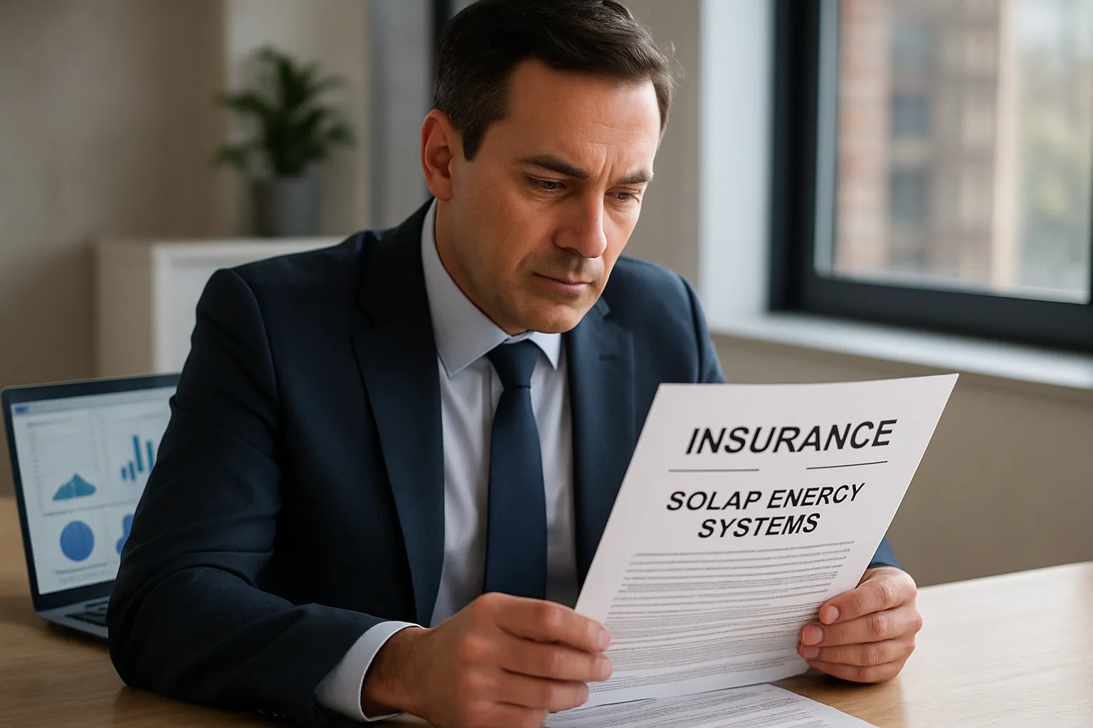 An insurance broker reviewing solar energy policy documents at a desk in a professional office setting.