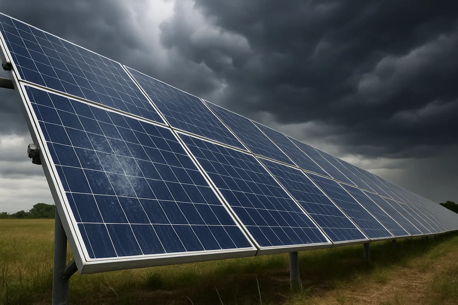 Ground-mounted solar panels on a commercial farm with storm clouds gathering overhead, suggesting weather-related damage risk.