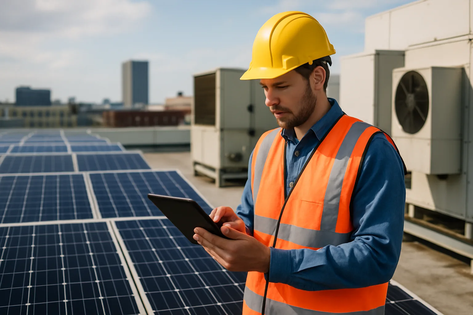 A solar technician in safety gear inspecting a commercial rooftop solar array with a tablet on a large industrial building.