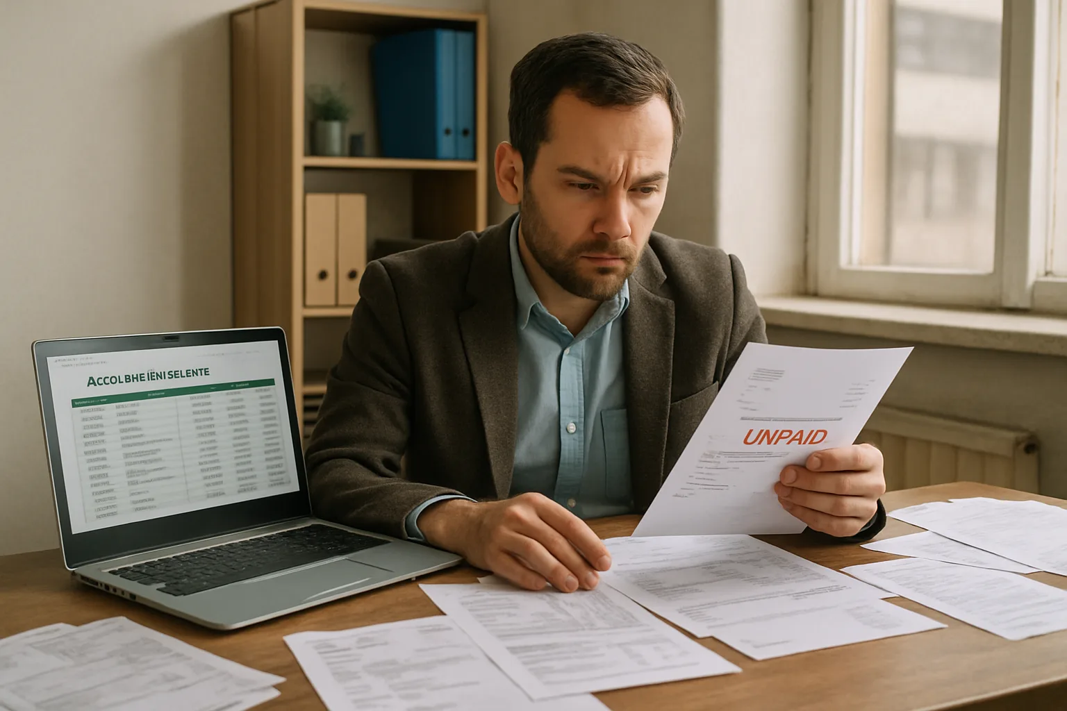 A small business owner examining an unpaid invoice at a desk with trade documents and an open laptop.