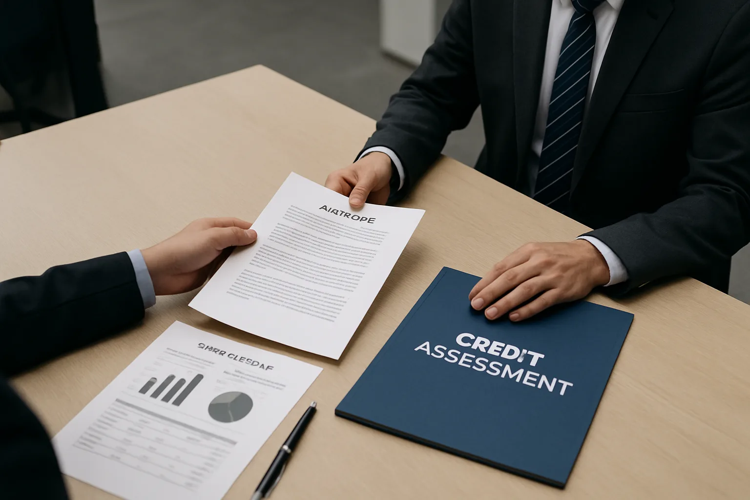 Two business professionals exchanging a formal credit limit document across a meeting table with risk assessment papers.