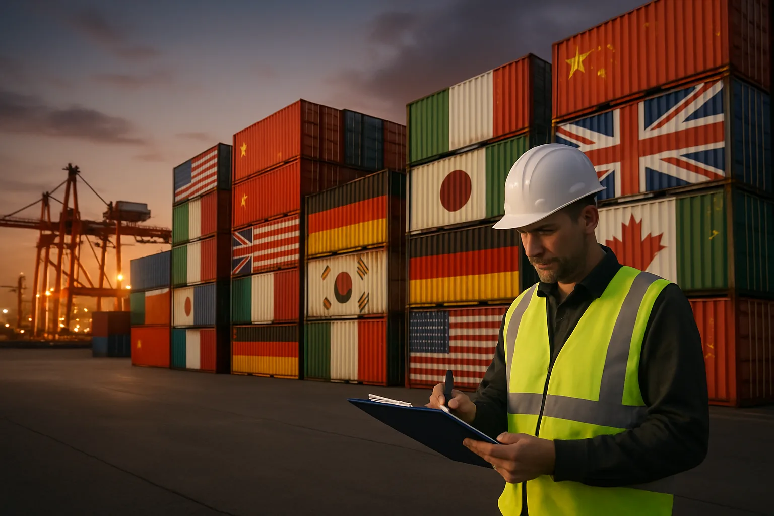 A logistics manager reviewing export paperwork on a clipboard at an international shipping port with stacked containers behind him.