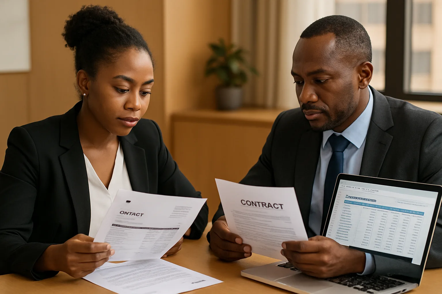 Two business professionals sitting at a conference table reviewing invoices and a commercial contract with a laptop showing accounts receivable data.