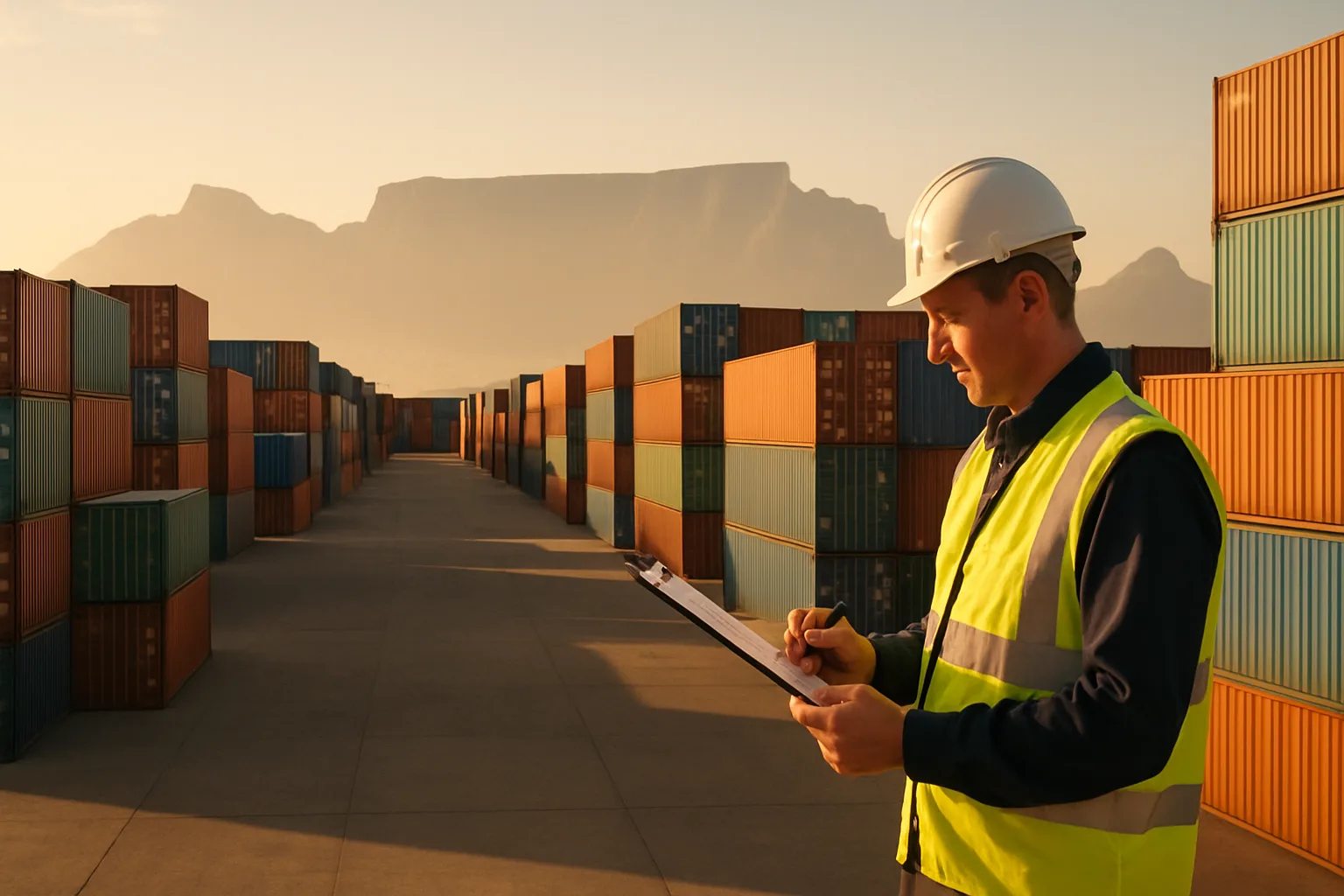A logistics manager in a hard hat and hi-vis vest reviewing a cargo manifest at a South African shipping container terminal with mountains in the background.