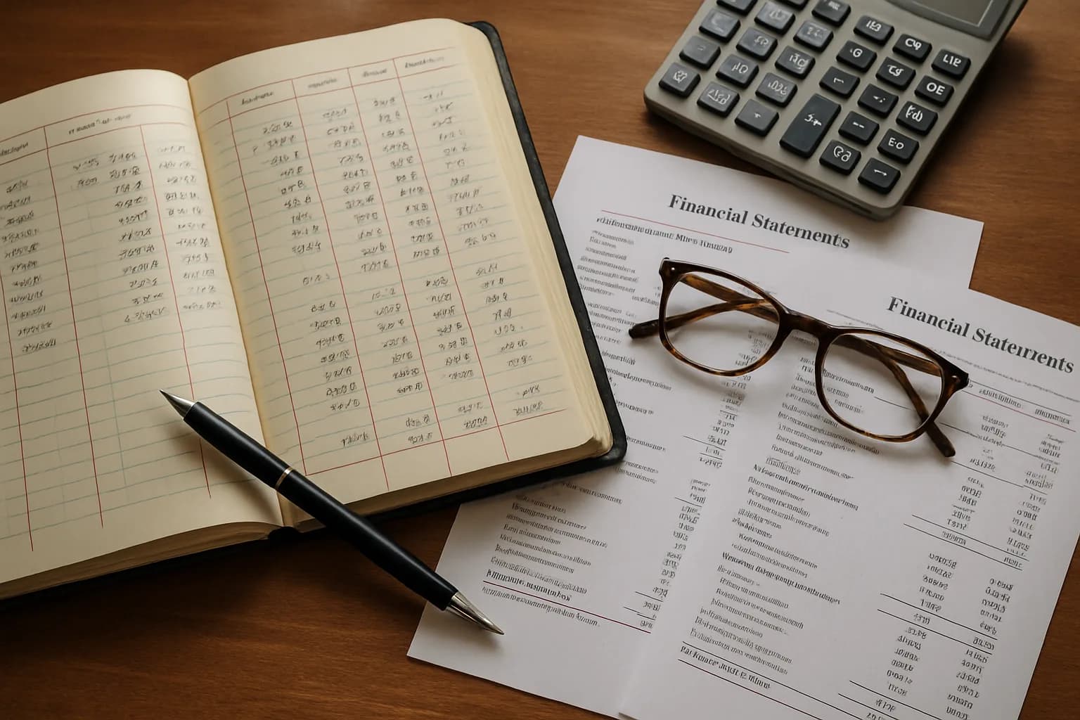 An overhead view of an open financial ledger, printed statements, a calculator, and a pen on a wooden desk in natural window light.