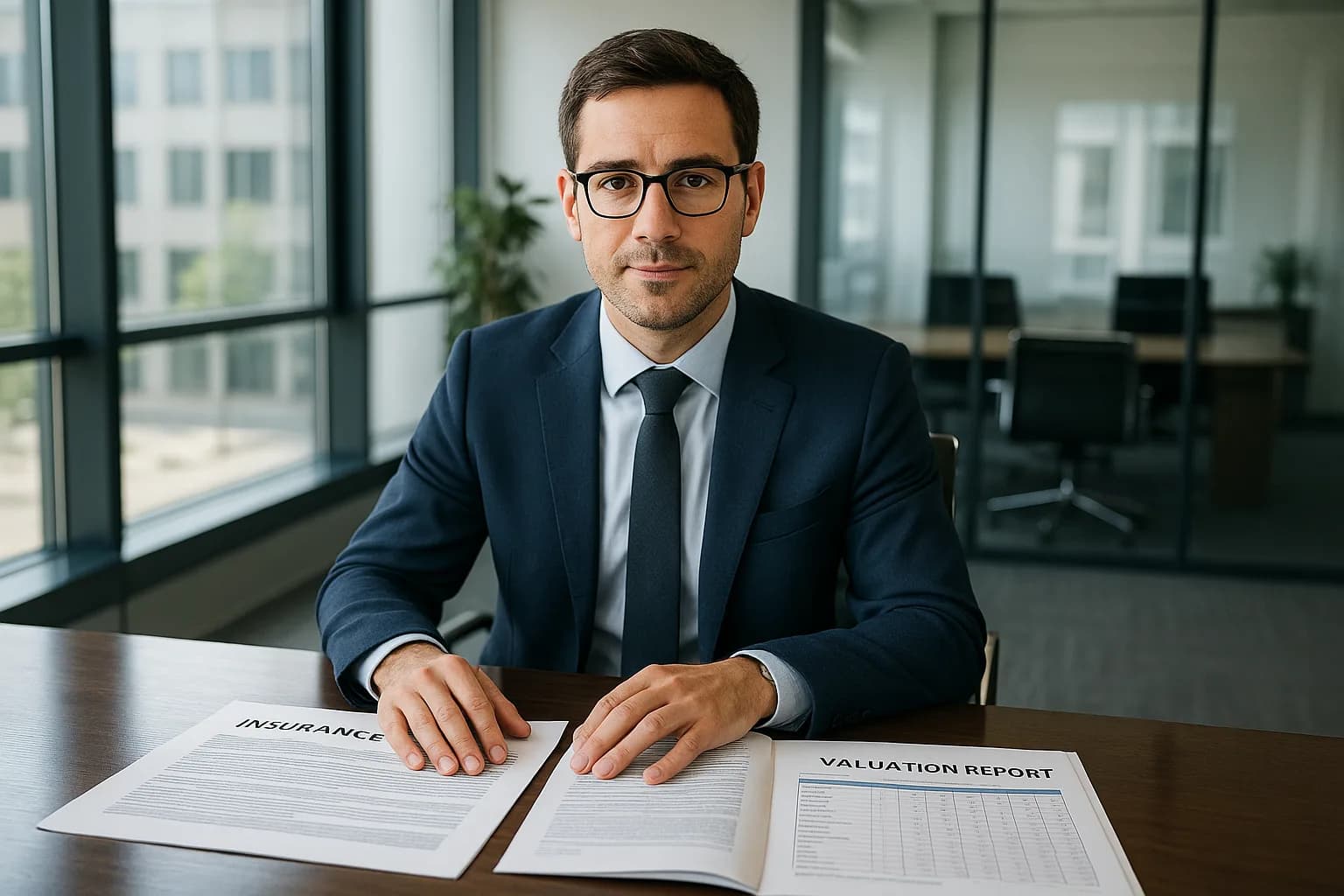 An insurance adviser reviewing commercial property policy documents at a conference table.