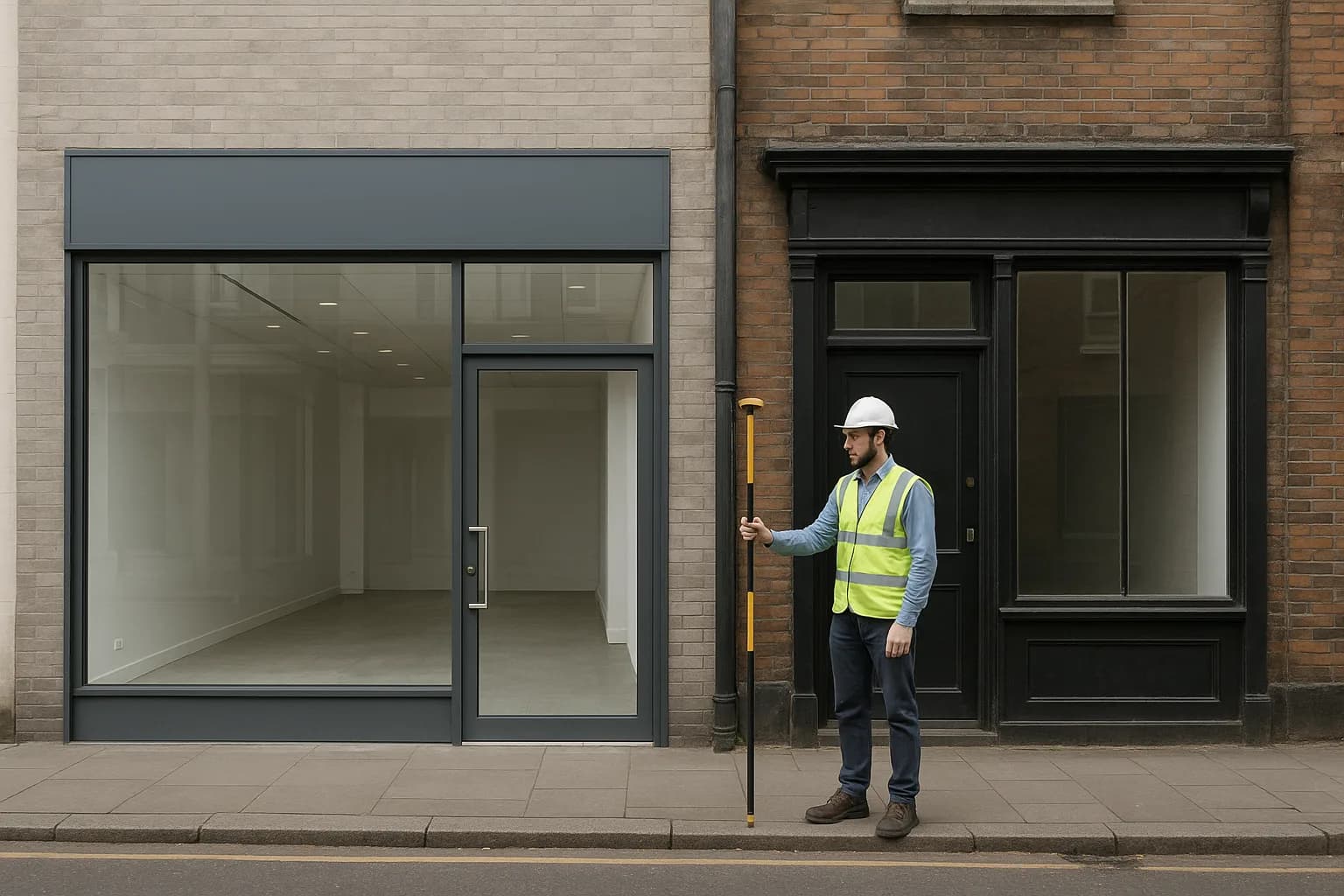A property professional standing between a modern and an older commercial building comparing their exteriors.