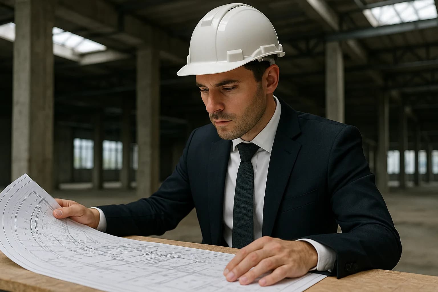 A quantity surveyor examining architectural plans inside a commercial building under renovation.
