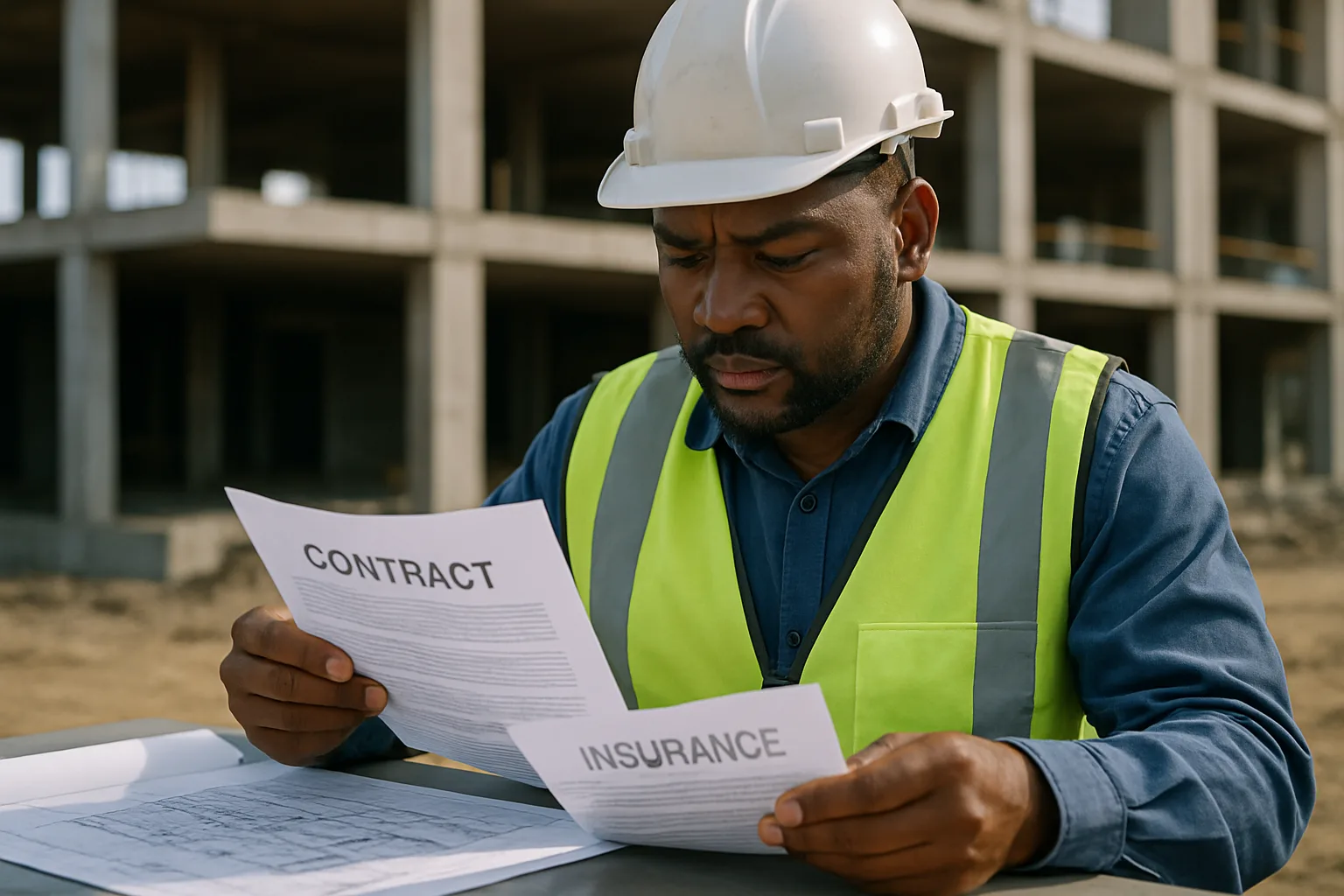 A site manager reviewing insurance and contract documents at a construction site office table with blueprints.