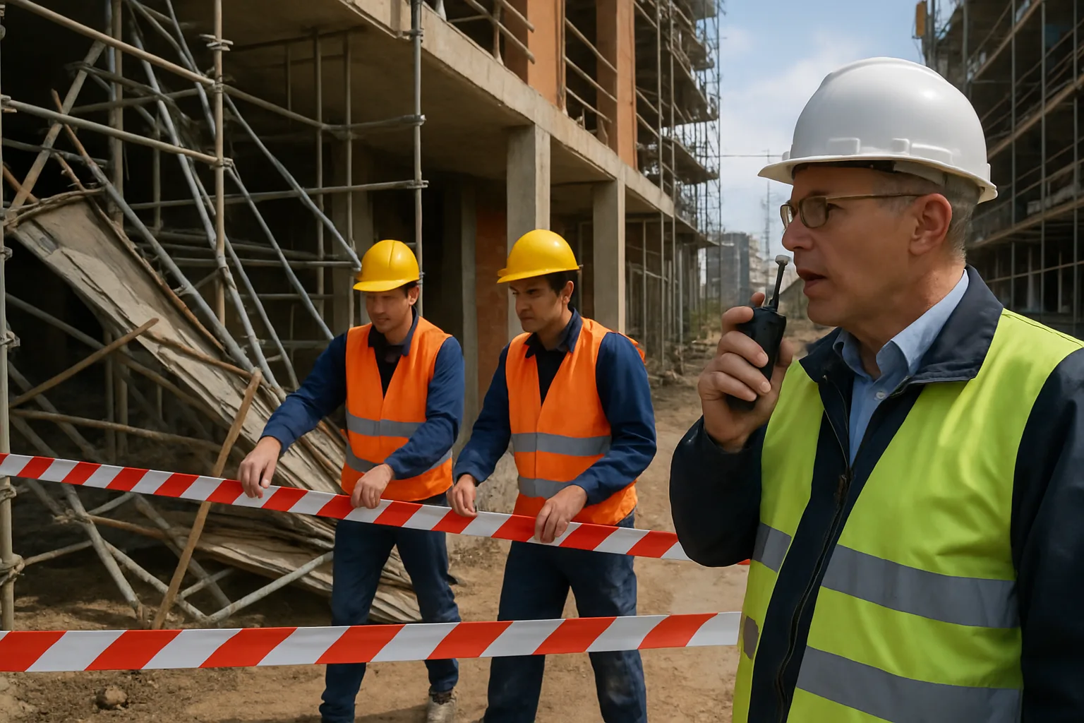 Workers cordoning off a scaffolding collapse area on a construction site while a supervisor coordinates the response.