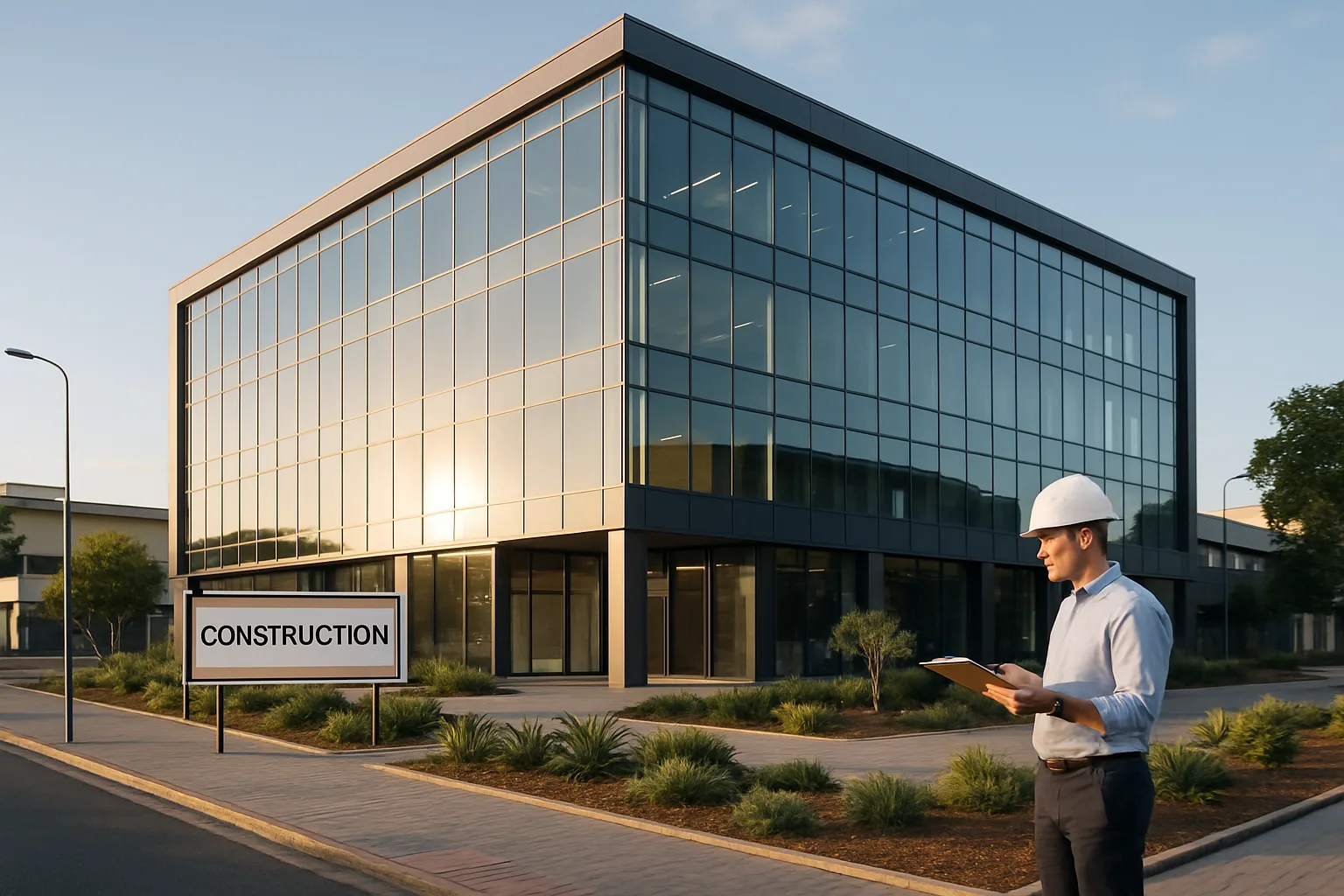 A quantity surveyor with a clipboard stands outside a newly completed commercial building reviewing the finished project.