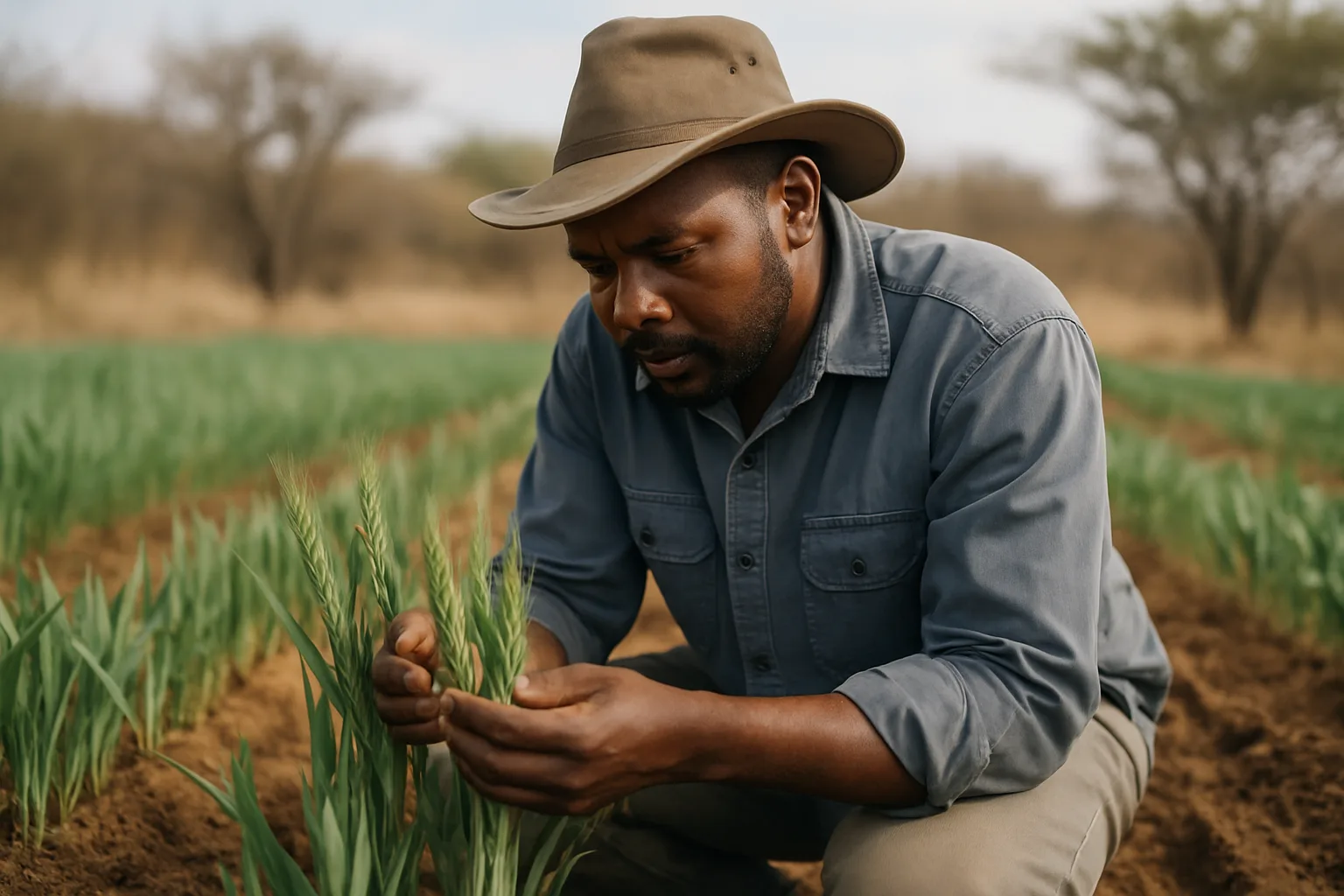 A farmer crouching in a wheat field examining young crop plants by hand in natural daylight.