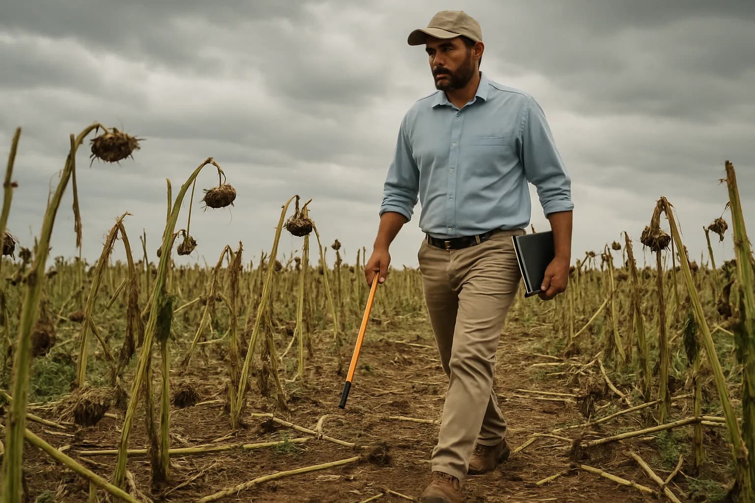 An agricultural assessor walking through a hail-damaged sunflower field and recording observations on a clipboard.