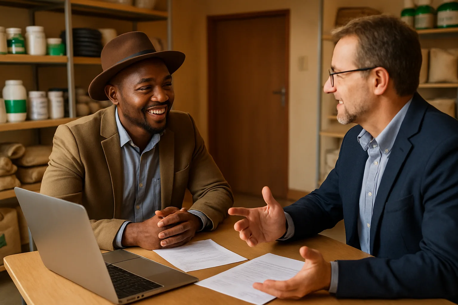 An emerging farmer meeting with an insurance adviser at a rural co-operative office to discuss policy options.