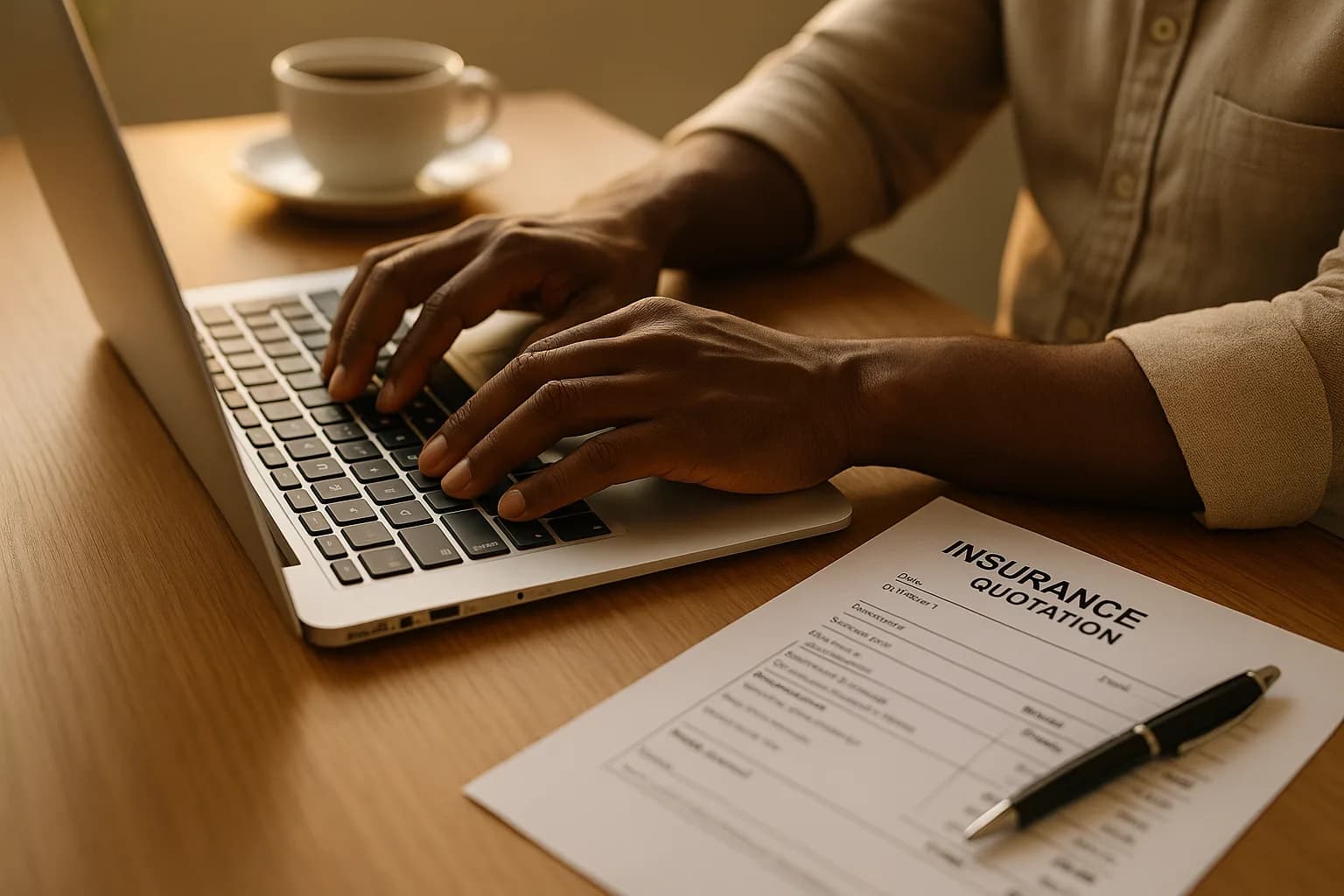 A person typing on a laptop next to a printed insurance quotation document and a pen on a wooden desk.