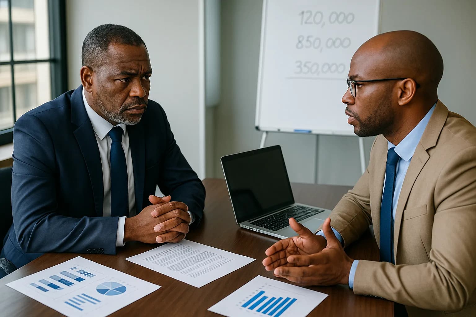 A risk manager and insurance broker discussing policy documents across a conference table in a corporate office.
