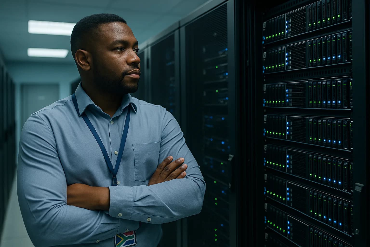 An IT security professional standing with arms crossed in front of a rack of servers in a corporate server room.