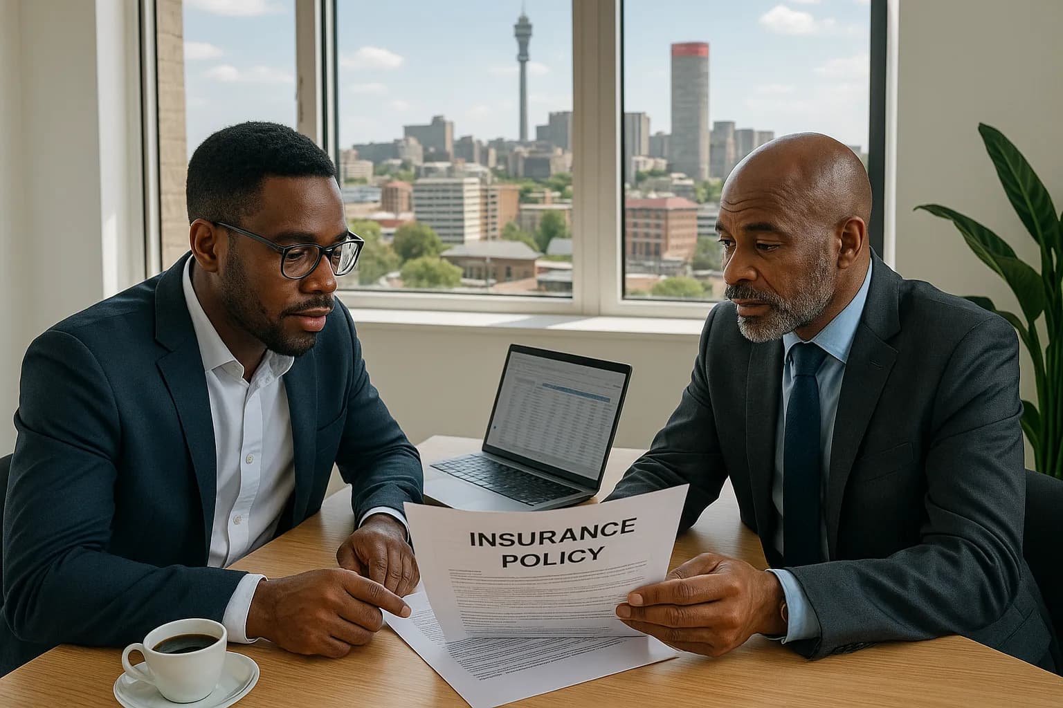 A business owner and insurance broker reviewing policy documents together at a desk in a professional office setting.